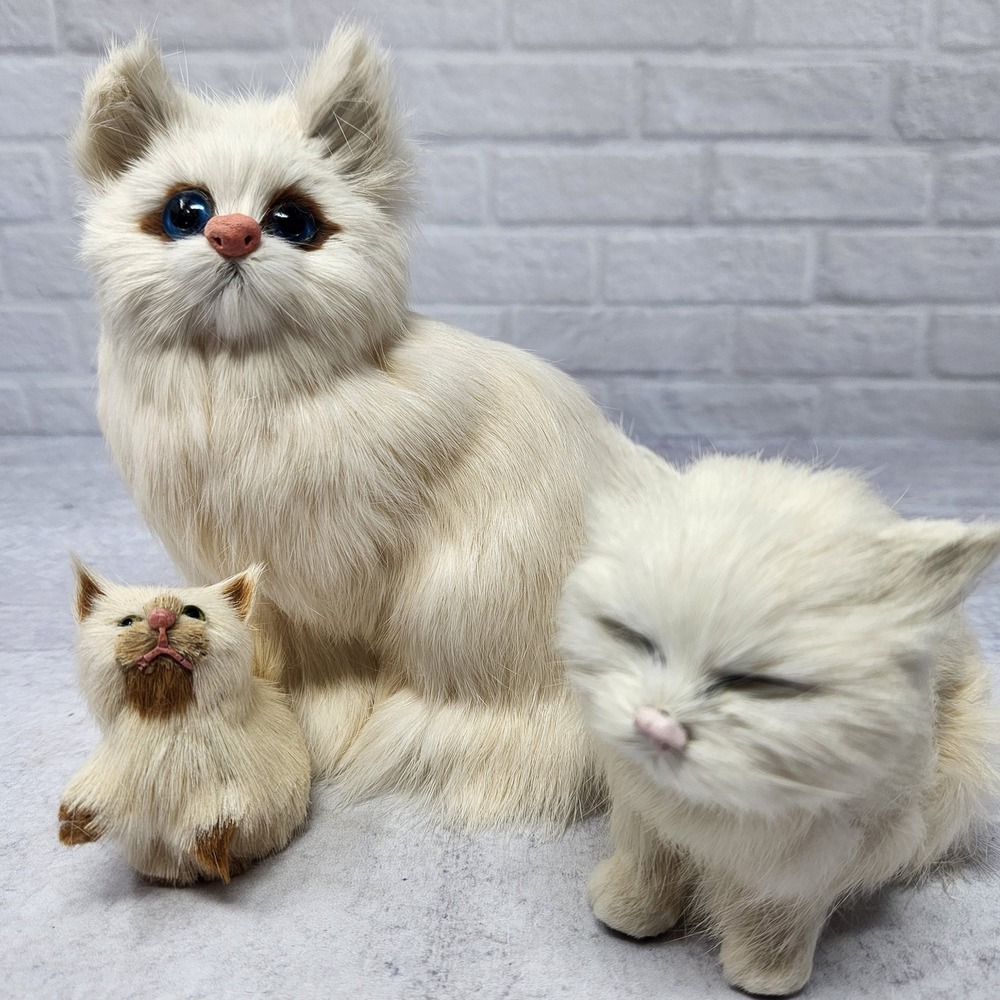 Vintage 50s Mom Cat & Baby Kittens Siamese Blue Eyed Cat Real Rabbit Fur Antique